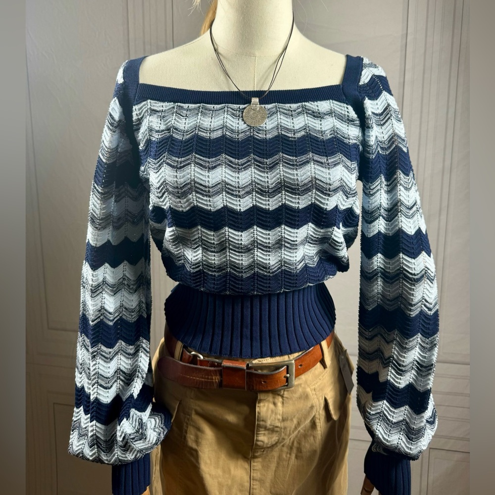 Ramy Brook blue and white stripe cotton balloon sleeve sweater Size M